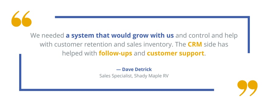 Customer quote about improved follow-ups and customer support after implementing a DMS